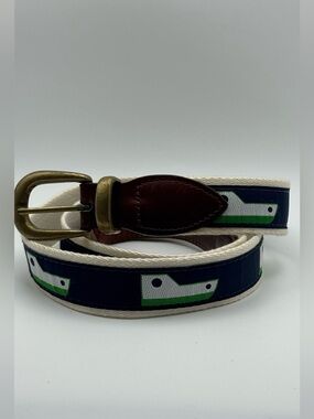 Vintage YRI Exeter NH Surcingle Belt Leather Brass Navy Green White Size 42